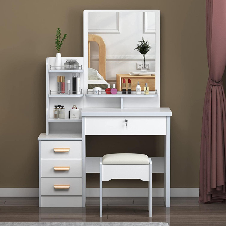 Latitude Run® Makeup Desk With Drawers, Vanity Table Set With Large